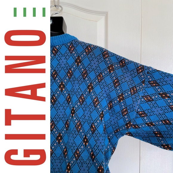 EUC vintage GITANO Sportswear 1990s cotton crewneck dad sweater, blue w/ pattern - Picture 8 of 14